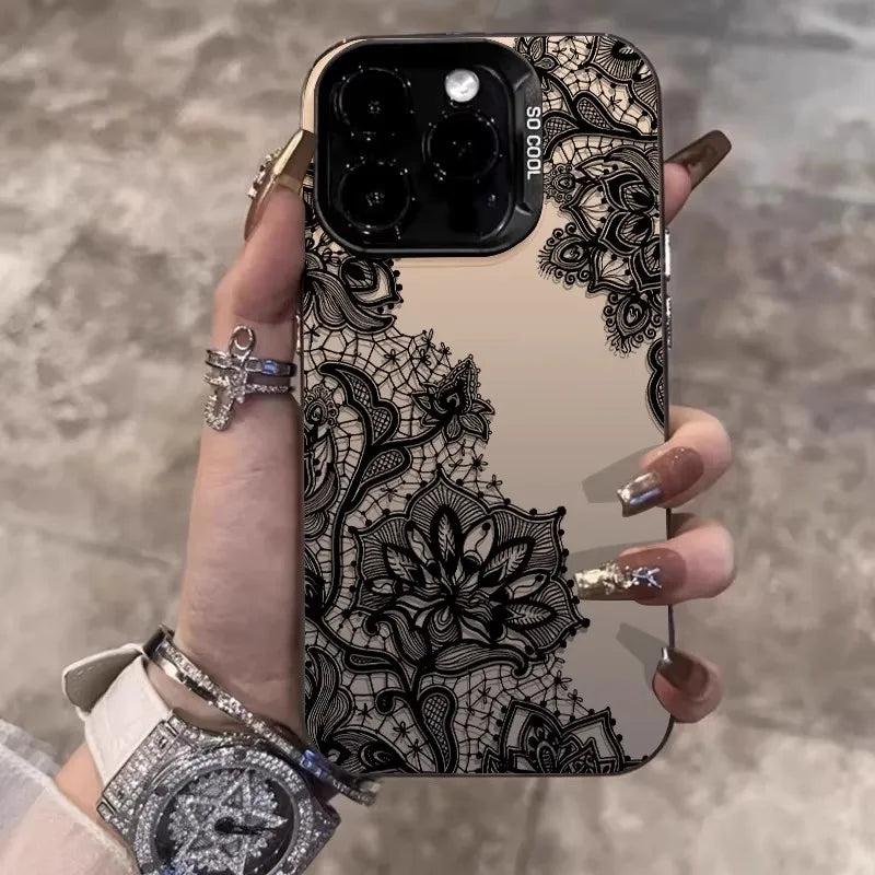 Black Lace Pattern INS Wind Phone Case for iPhone 17/16/15/14/13/12/11 Pro Max Plus Fashion Hard Case