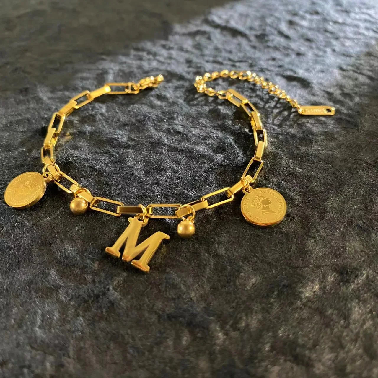 1pc Queen Coin Letter plated Stainless Steel Bracelet for Women Small Bell Pendant Adjustable Bracelet Classic Jewelry Gift