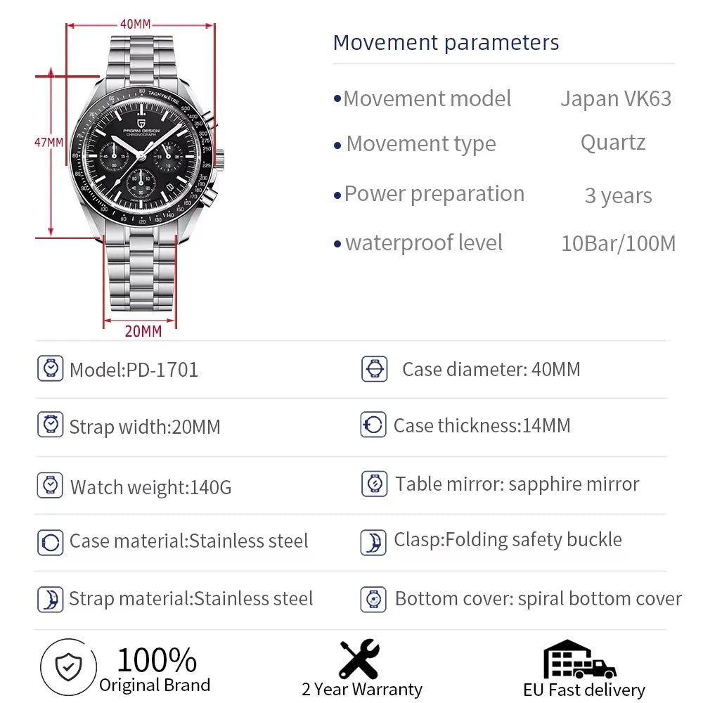 PAGANI DESIGN 2026 New Moon Luxury Quartz Watch For Men Sports Chronograph AR Sapphire crystal Luminous  leisure Wrist watch For Men Local delivery