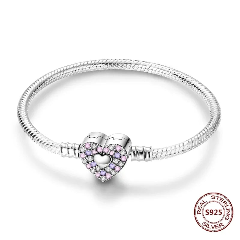 Silver 925 Bracelet Original Bracelets Colorful Zircon Heart Flower Cat Snake Chain For DIY Charms 17-20CM Luxury Jewelry Gifts mbzr