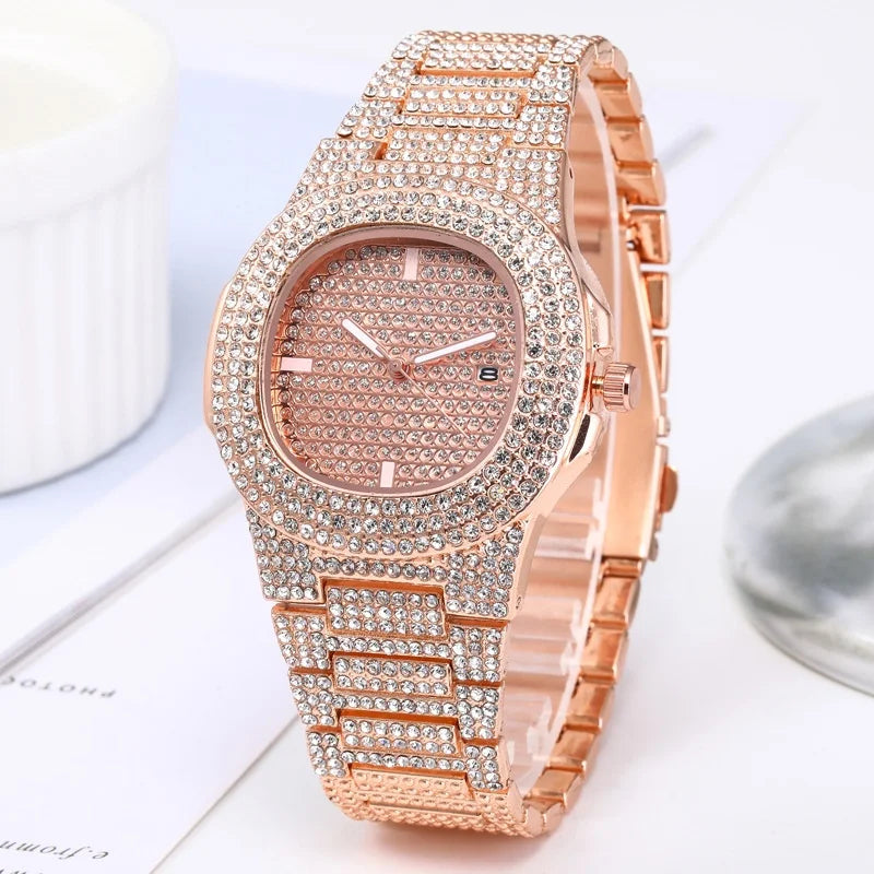 Luxury Full Diamond Men's Stainless Steel Watches Male Sports Quartz Wristwatch with Calendar mbzr