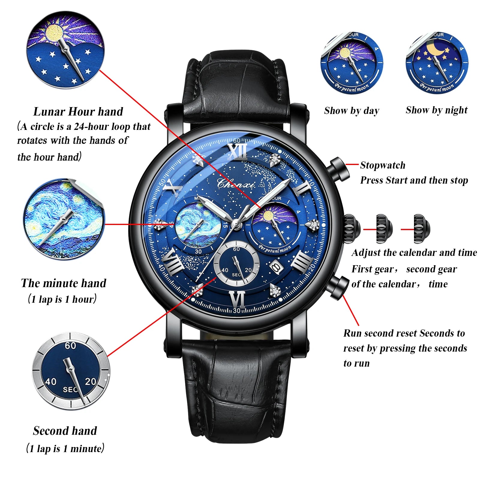 Men's quartz watch Leather strap waterproof watch Van Gogh Starry Sky decorated dial Chronograph Stopwatch Calendar available mbzr