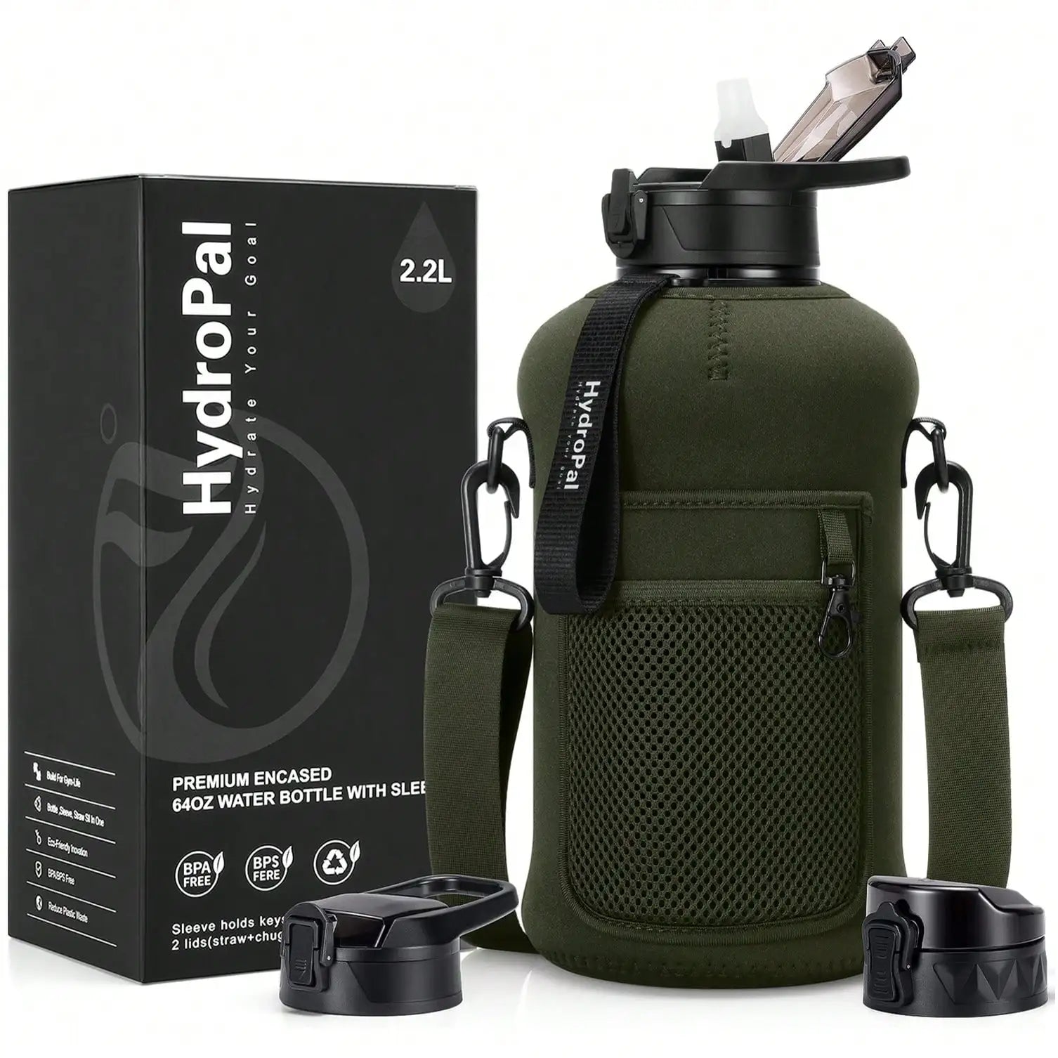 UKEIN Half Gallon Water Bottle With Storage Sleeve, 74oz Large Water Bottle With 2 Lids(Straw Lid And Chug Lid), Big Sports Wate mbzr