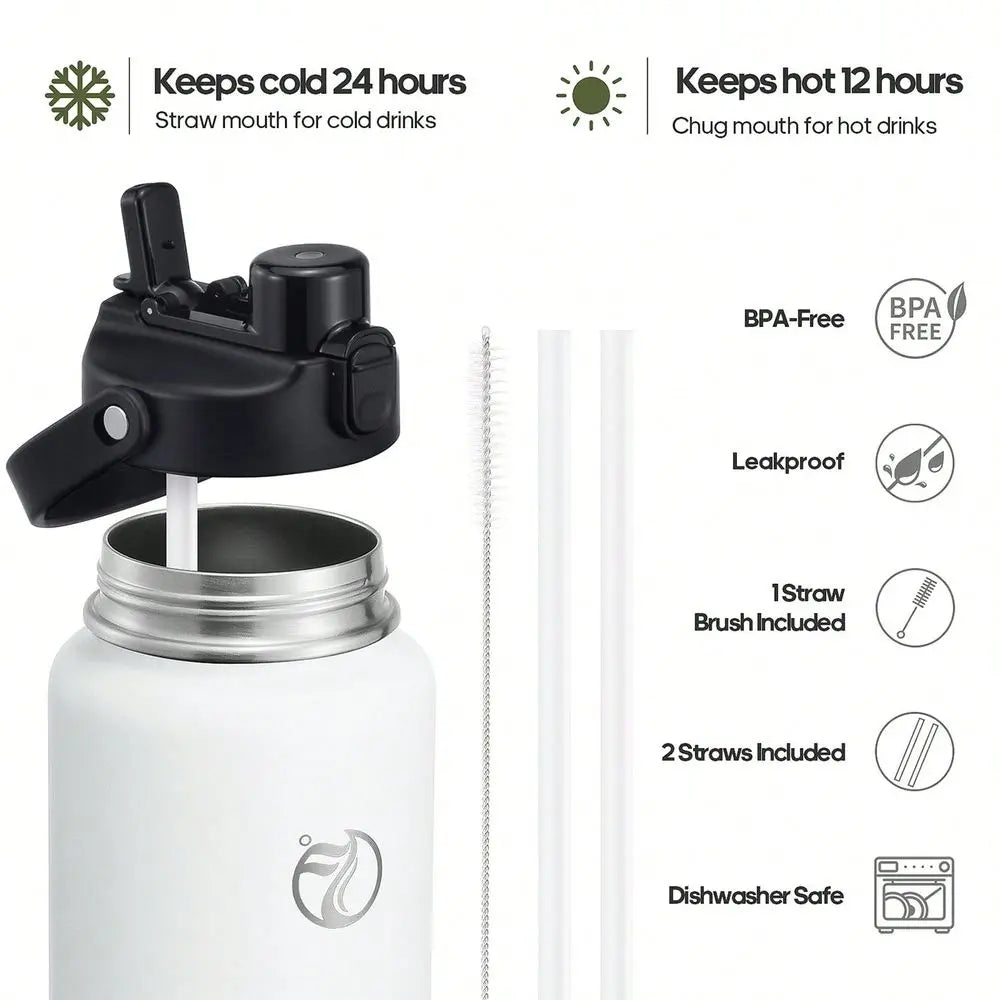 Water Bottle With 2In1 Lid Chug Lid Straw Lid Double Walled Vacuum Stainless Steel Water Bottles, Water Jug With Stra mbzr