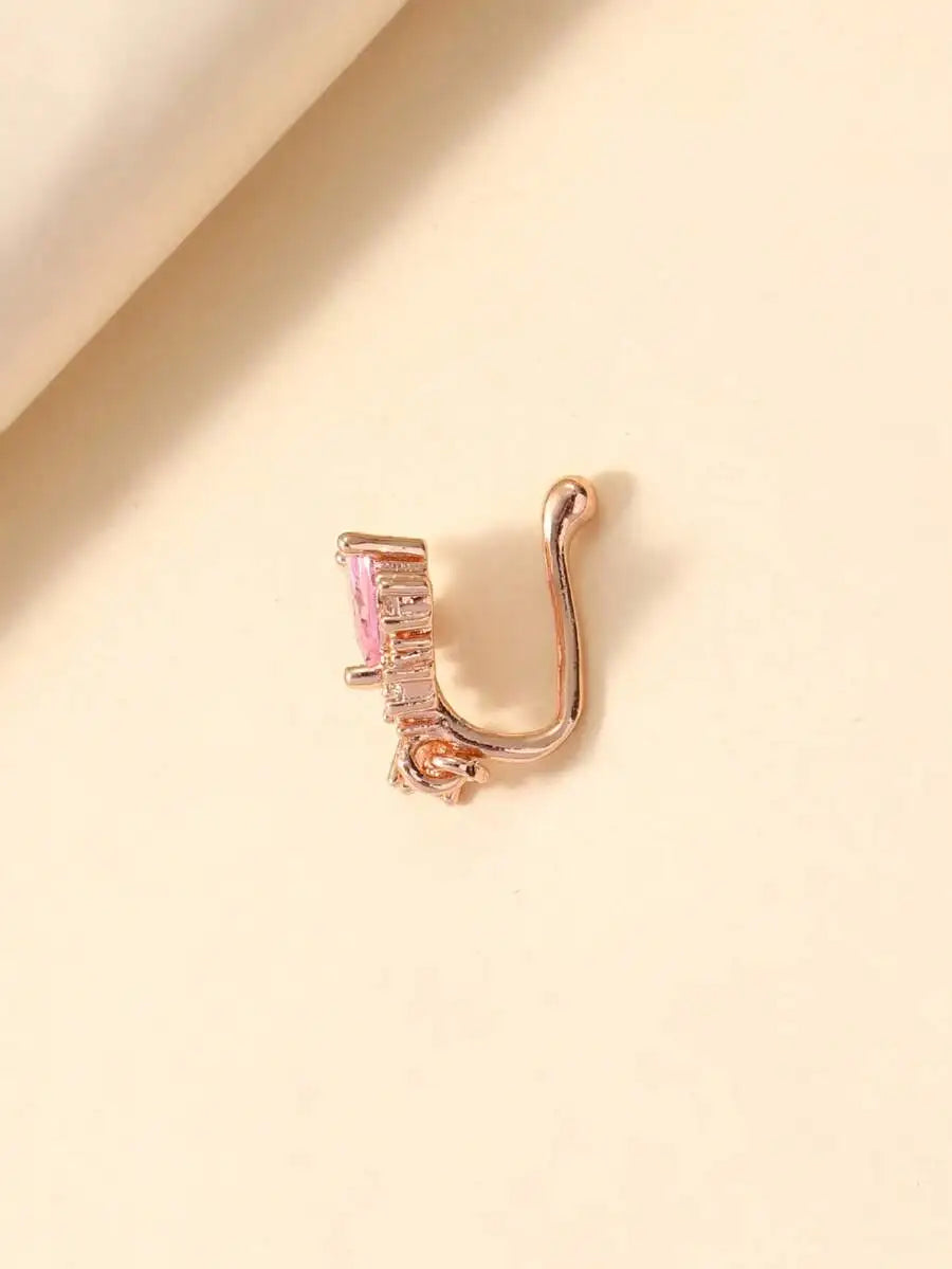 Rose Gold Tone Heart Crystal Nose Cuff For Women, Non-Piercing Rhinestone Jewelry Accessory For Valentine’s Day