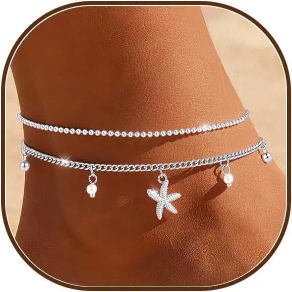 Sterling Silver Ankle Bracelets for Women 14k Gold Plated Waterproof Dainty Layered Stackable Seashell Pearl Charm Non Tarnish Adjustable Anklet for Summer Beach Jewelry Gift