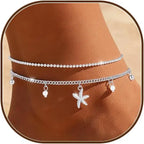 Sterling Silver Ankle Bracelets for Women 14k Gold Plated Waterproof Dainty Layered Stackable Seashell Pearl Charm Non Tarnish Adjustable Anklet for Summer Beach Jewelry Gift