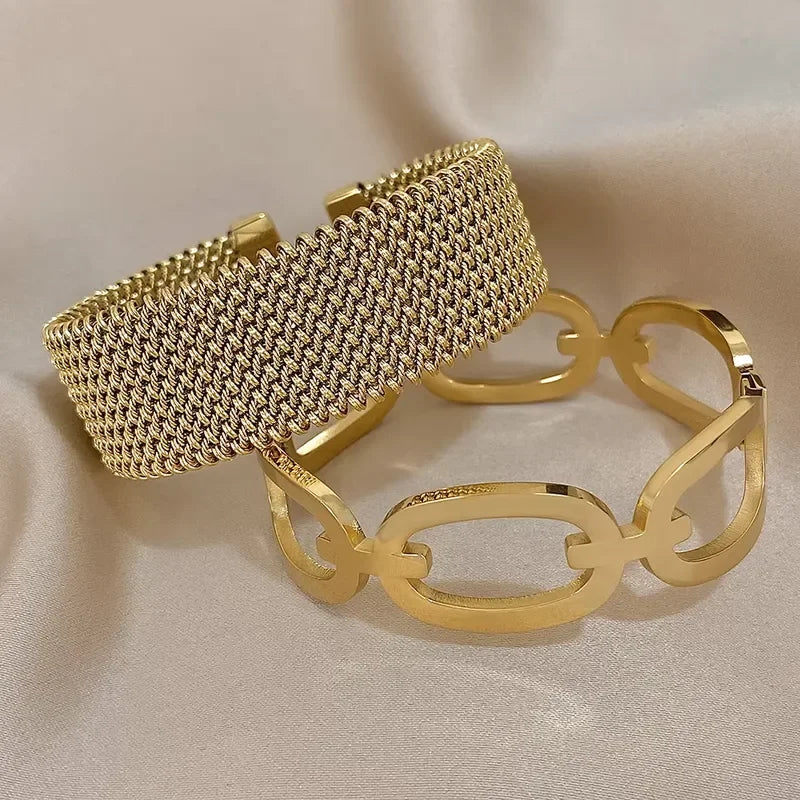 Vintage Y2K Stainless Steel Wide Weave Open Cuff Bangle Bracelet For Women New Hollow Waterproof Stackable Charms Jewelry
