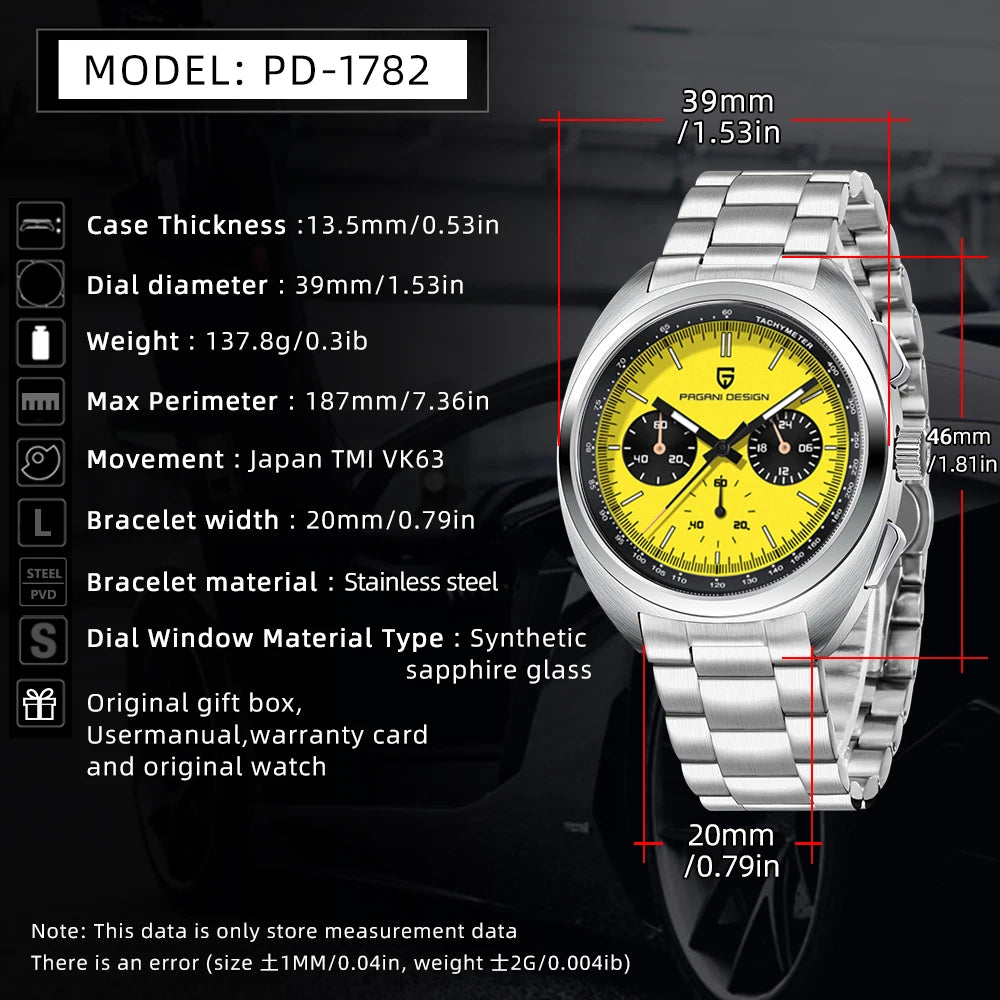 PAGANI DESIGN Men's Watch Yellow Dial Quartz Chronograph Watch Men Japan VK63 Sapphire glass Wrist Watch Men 2026 New Waterproof
