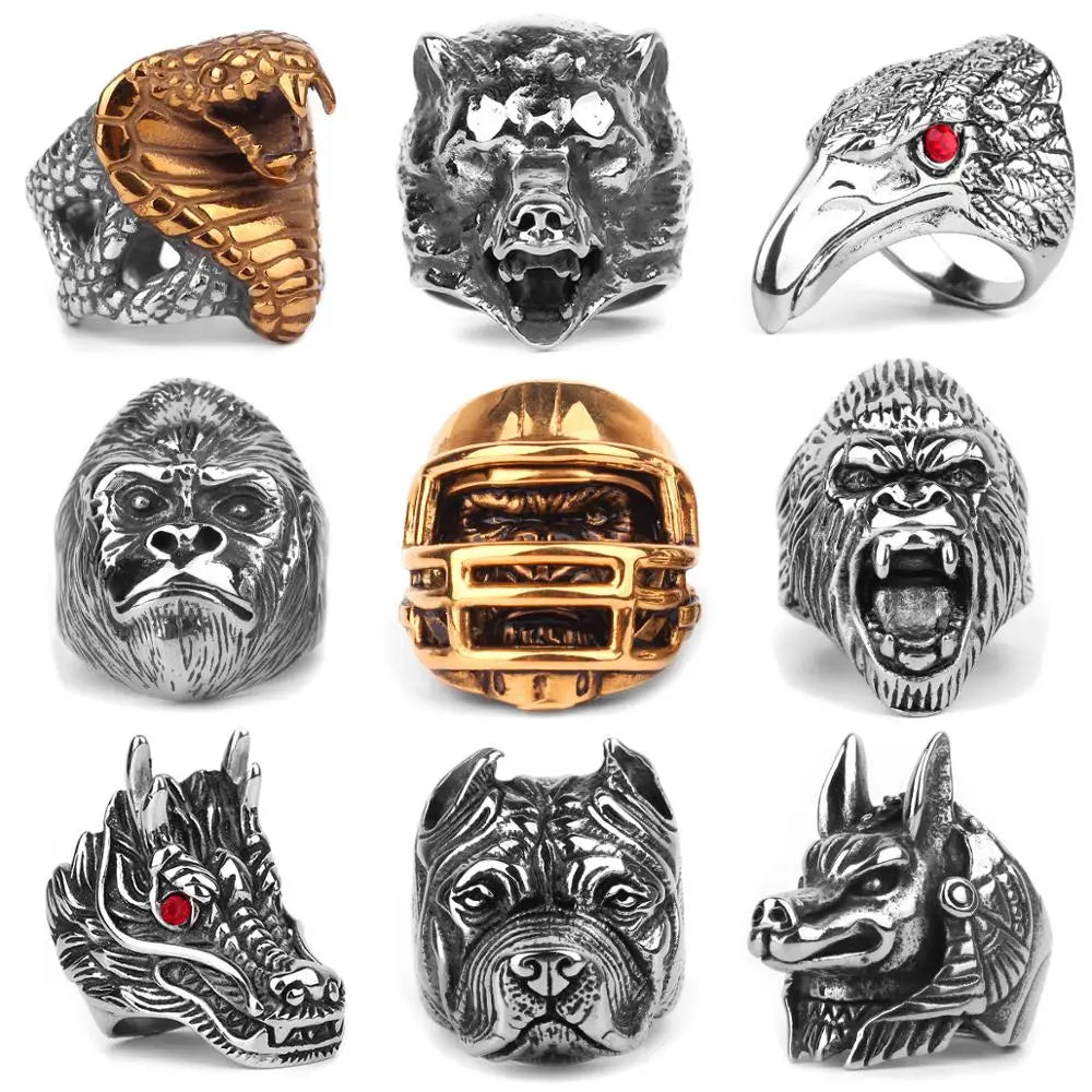 Stainless Steel Animal Rings Eagle Dog Dragon Bird Snake Hip Hop Trendy