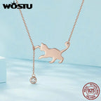 WOSTU 100% 925 Sterling Silver Playful Cat Pet Chains Pendant Necklace For Women Luxury Brand Jewelry