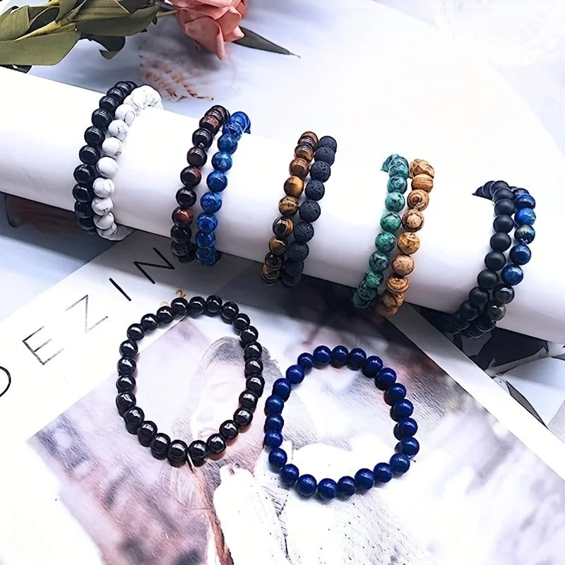 10pcs Set 8Mm Bracelet Round Beaded Bracelet Men And Women Stone Crystal Stone Natural Stone Stretch Beaded Bracelet Unisex, Suitable for Men And Women Holiday Gift Simple Gift