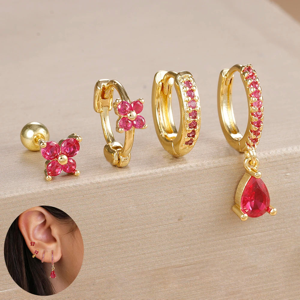4pcs Korean Stainless Steel Zircon Water Drop Piercing Earrings Set for Women Simple Huggie Square Earring Fashion Jewelry mbzr