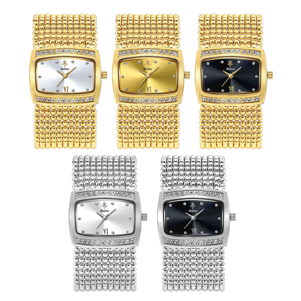 YaLaLuSi Multi Strand Gold Bead Mesh Ladies Watch Rectangle Crystal Bezel Black Dial Luxury Women Quartz Wristwatch Gift