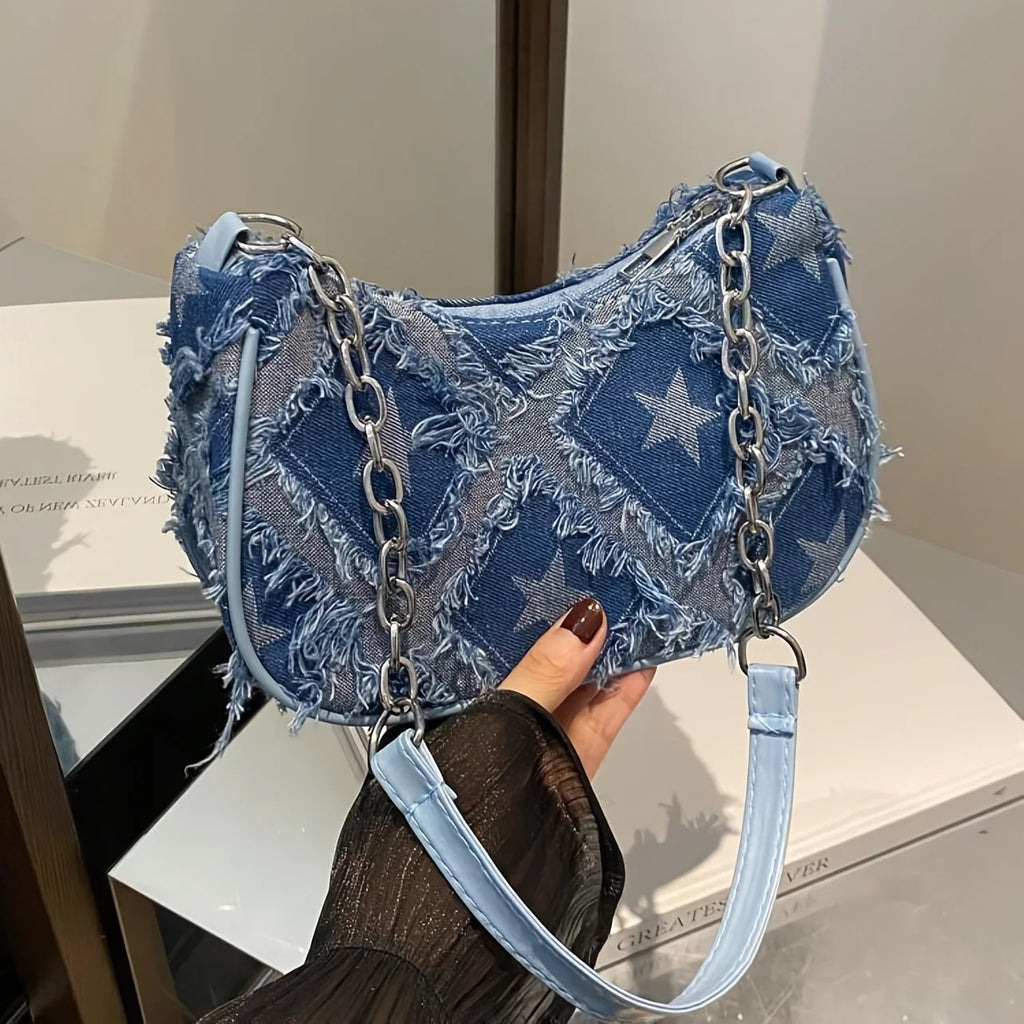 Women's Tote Bag with Star Pattern Blue Distressed Design, Golden-Tone Hardware, Stylish Handbag Shoulder Bag for Everyday Use20 mbzr