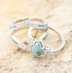 3 PCS Natural Turquoise Diamond Ring Set - Western Jewelry Silver Color Rings for Women - Bohemian Joint Knuckle Finger Rings With Sparkling Natural Gemstone