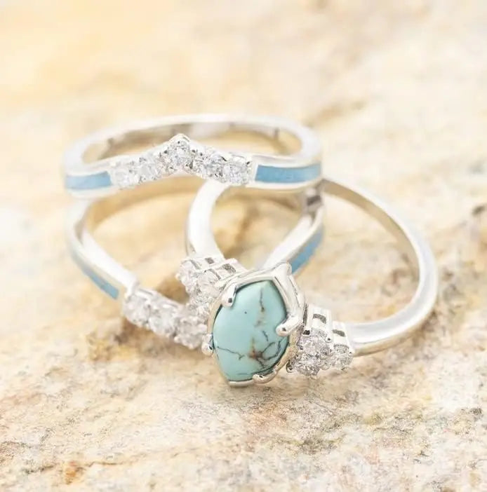 3 PCS Natural Turquoise Diamond Ring Set - Western Jewelry Silver Color Rings for Women - Bohemian Joint Knuckle Finger Rings With Sparkling Natural Gemstone