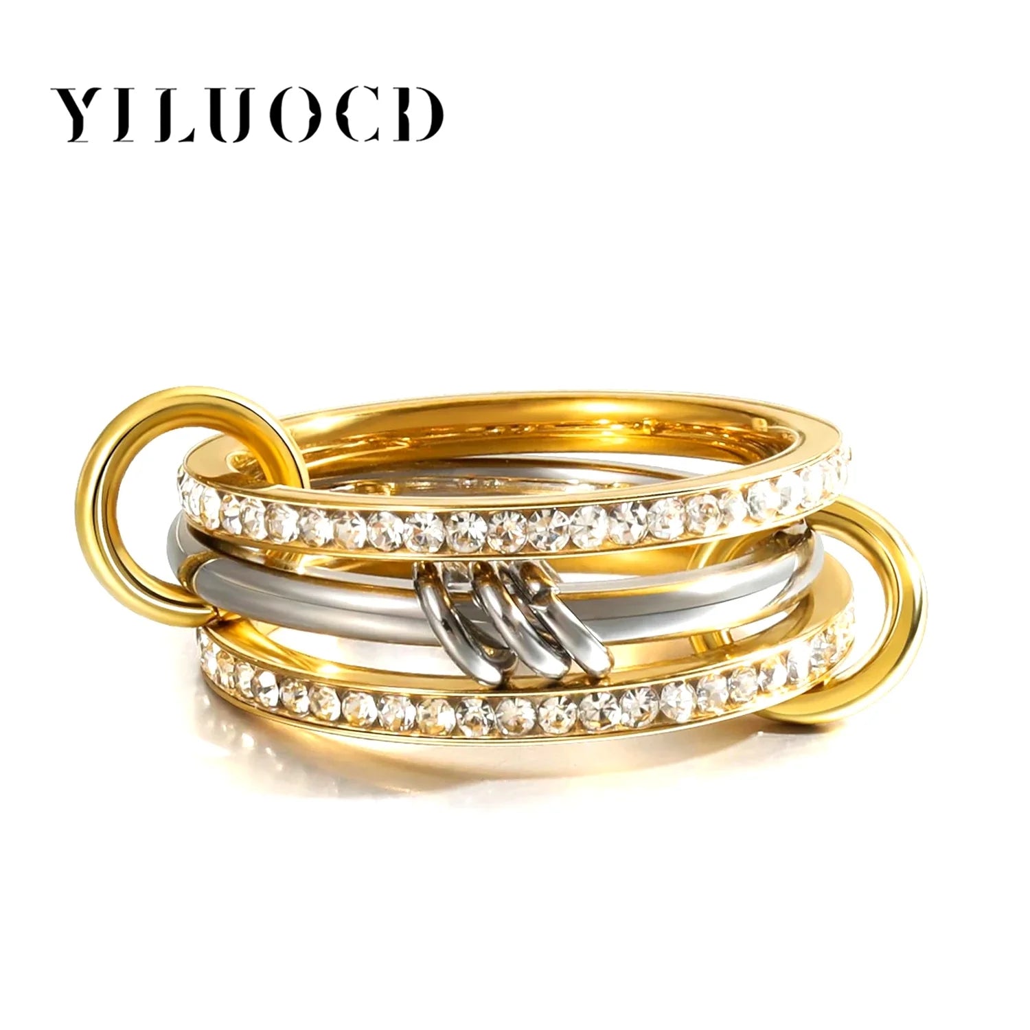 New 18K Gold Plating Stainless Steel Cubic Zirconia Multi-Link Connected Stackable Ring Women Statement Multi-Layer Stack Jewelry