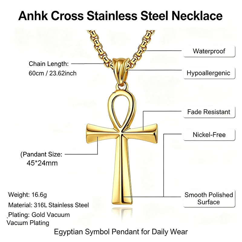 Egyptian Ankh Cross Pendant Necklace for Men Women, Stainless Steel Box Chain Ankh Symbol Necklace, Waterproof Hypoallergenic Non Tarnish Ancient Egypt Life Symbol Jewelry Gift