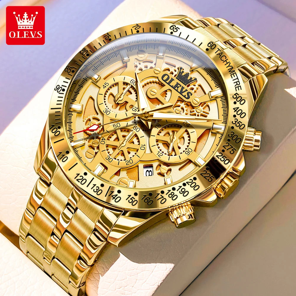OLEVS Lxuxry Brand Gold Men's Watches Full Skeleton Stainless steel Chronograph Wristwatch Waterproof Luminous Quartz Watch Men mbzr