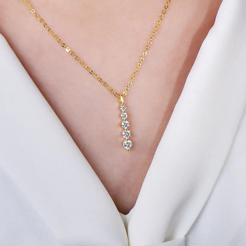 OXTAO Long 5-Stone Moissanite Pendant Necklace D VVS1 for Women Clavicle Chain Necklace Fine Jewelry Gift 14K Gold Filled