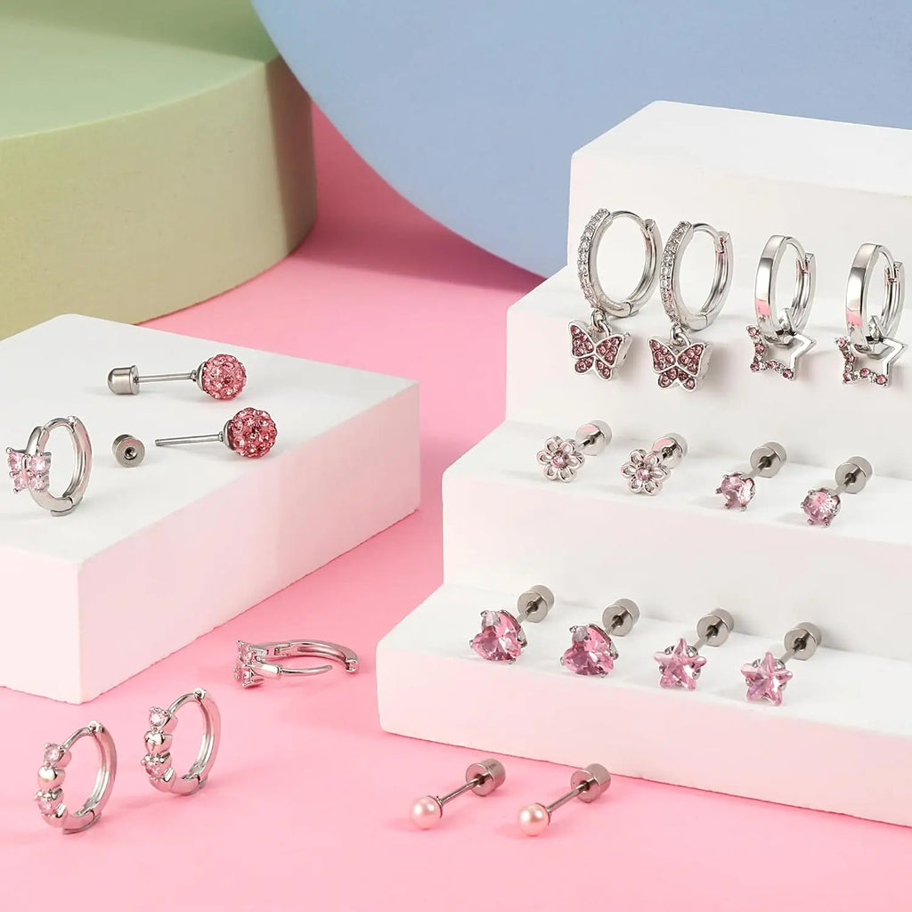 10Pairs Earrings for Women Girls Silver Stud Hoop Earrings Set Cute Surgical Steel Hypoallergenic Earrings Pink Heart Butterfly Flower Pearl Screw Back Earrings for Women Sleeper Earrings
