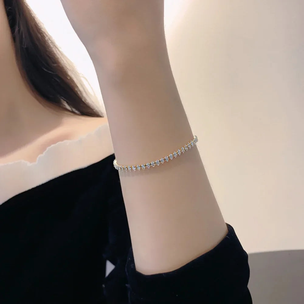 Stainless Steel Marquise Oval Square Cut Luxury Silver Color on Hand Tennis Bracelet Bangle for Women Party Gift Jewelry