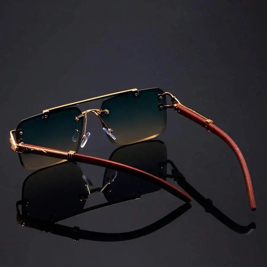 Retro Double Bridge Rimless Sunglasses With Wood Texture And Gold Tone Decoration mbzr