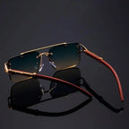 Retro Double Bridge Rimless Sunglasses With Wood Texture And Gold Tone Decoration mbzr