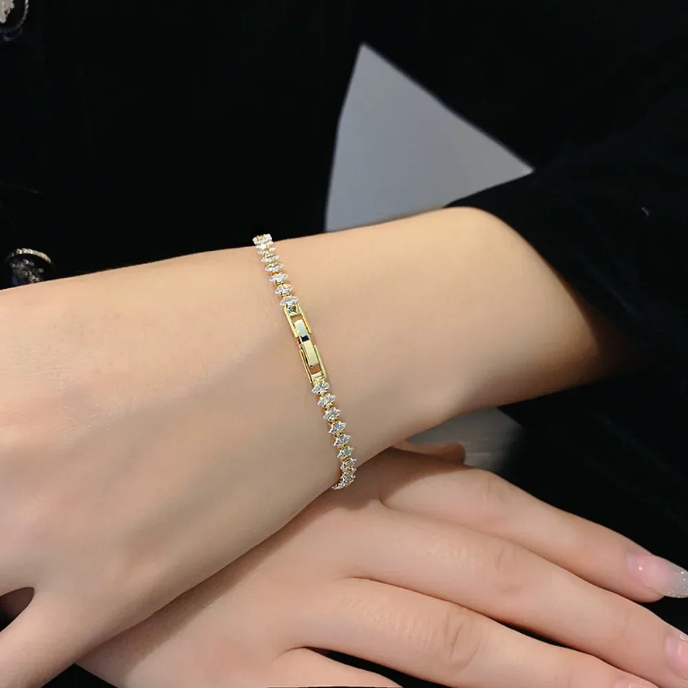 Stainless Steel Marquise Oval Square Cut Luxury Silver Color on Hand Tennis Bracelet Bangle for Women Party Gift Jewelry