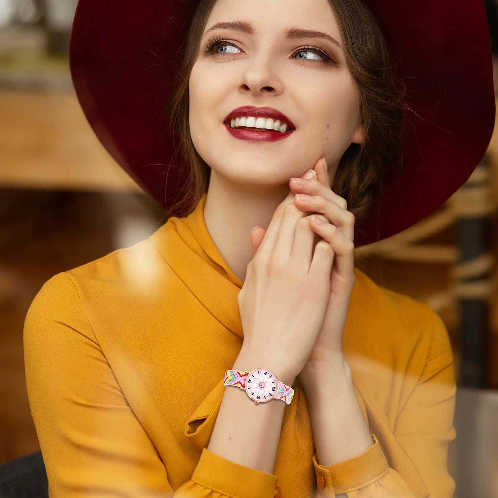 LANCARDO Bohemian Ladies Bracelet Watch Woven Rainbow Strap Floral Print Dial Analog Quartz Watch Girl Gift