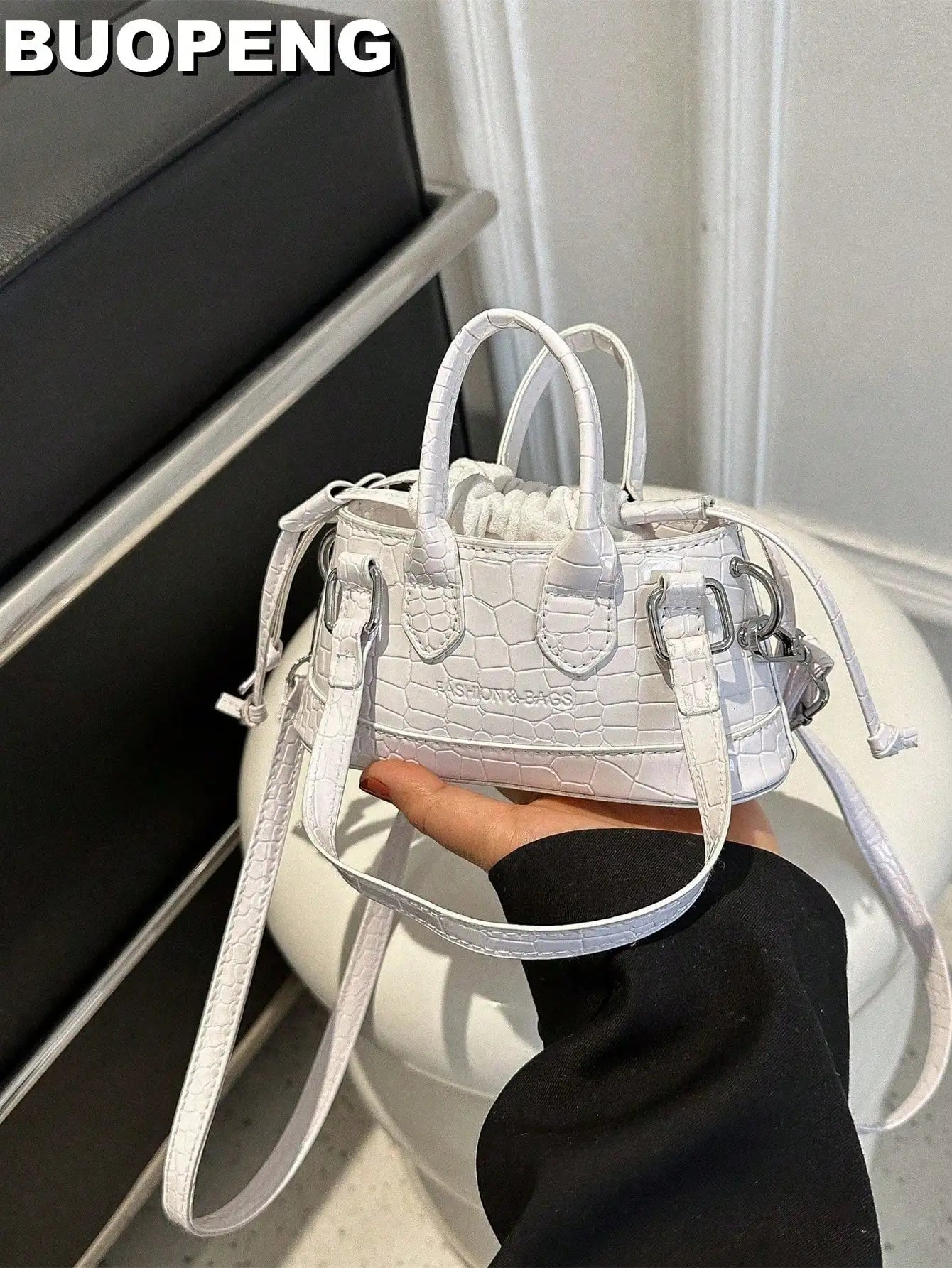 Mini Silver Croc-Embossed Top Handle Bag with Drawstring Closure