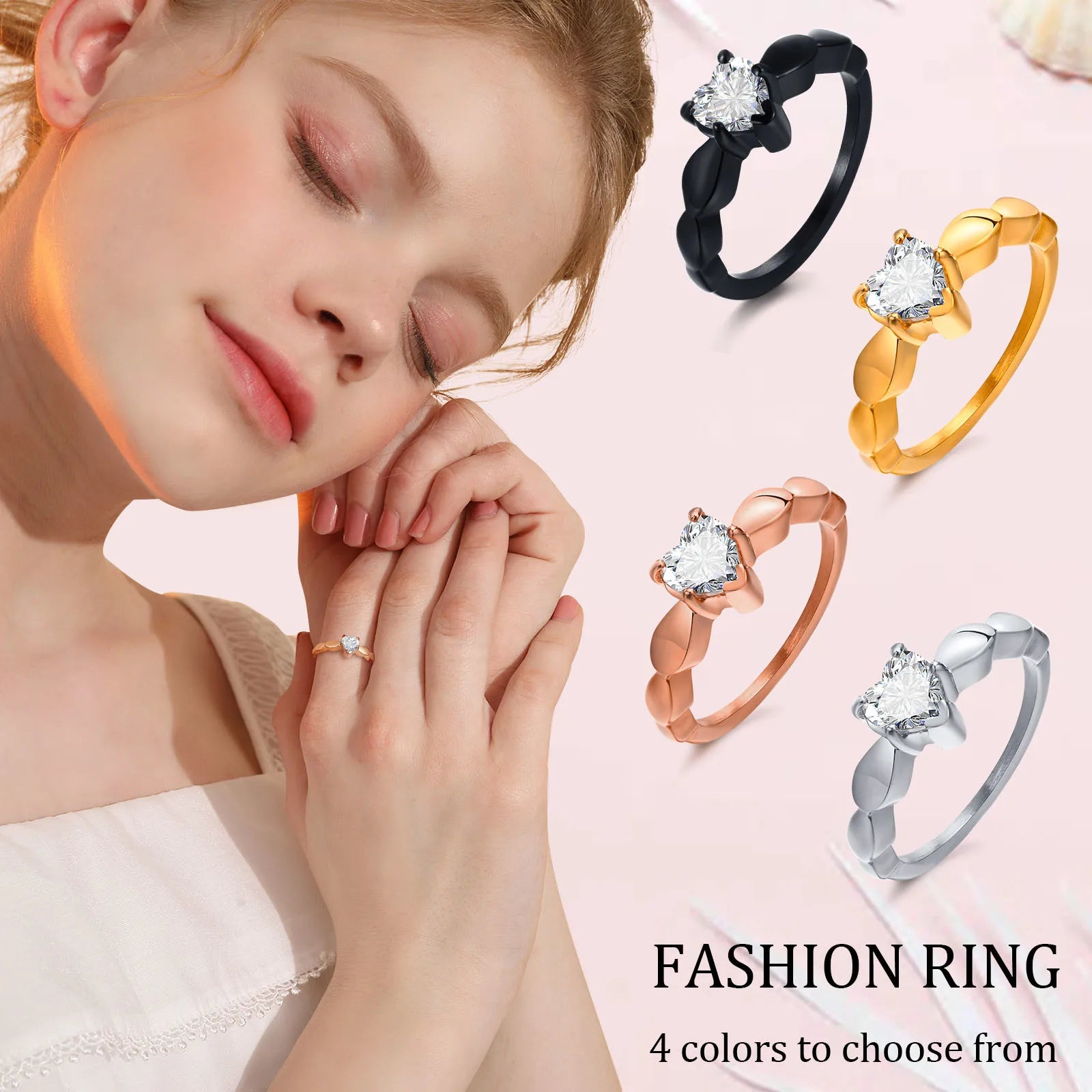 Vnox Romantic Heart CZ Stone Couple Wedding Rings for Women Men Black Color Stainless Steel Bands Engagement Jewelry  Love Gift