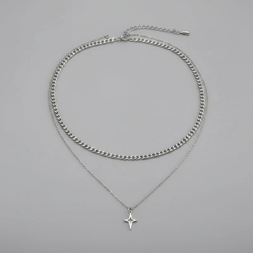 Vnox 2pcs/set Link Chain Chokers Four-point Star Pendant O-Chain Necklace Set for Men, Stainless Steel Silver Color Jewelry Gif