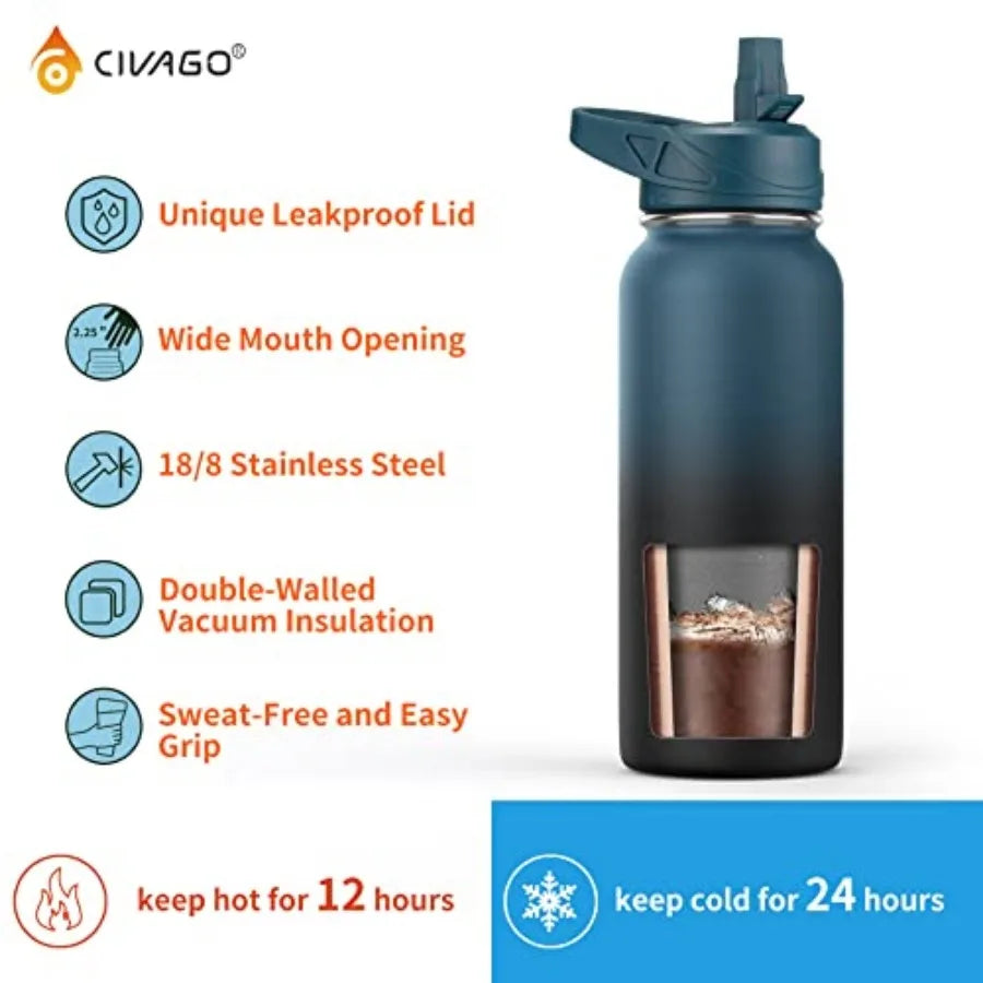 Insulated Water Bottle With Straw, Stainless Steel Sports Water Cup Flask with 3 Lids Straw, Spout and Handle Lid,Wide Mouth Tr mbzr