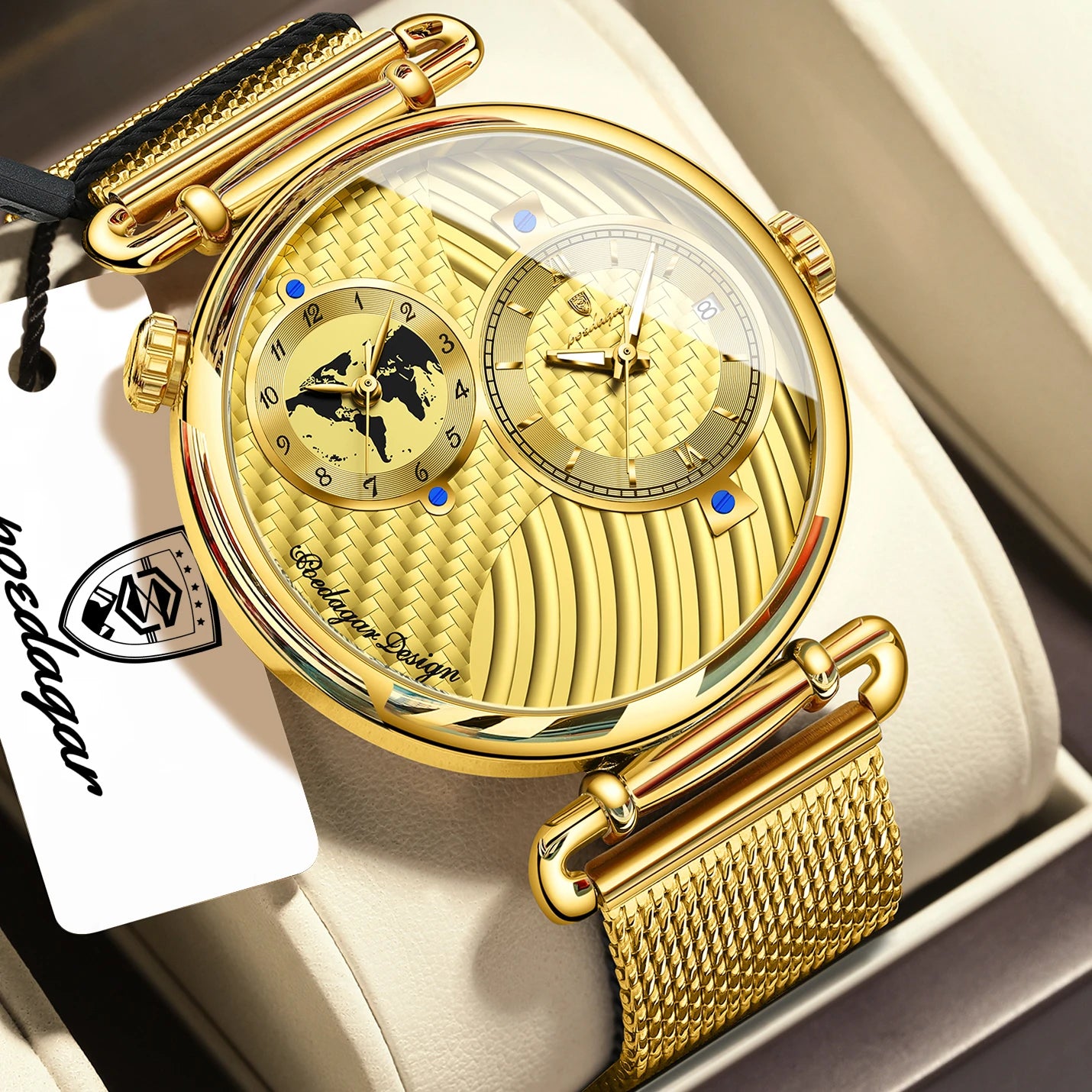 POEDAGAR Original Fashion Man Wristwatch Multiple Time Zone Display Waterproof Calendar Men Watch Mesh Stainless Steel Quartz Business Men's Watches Reloj