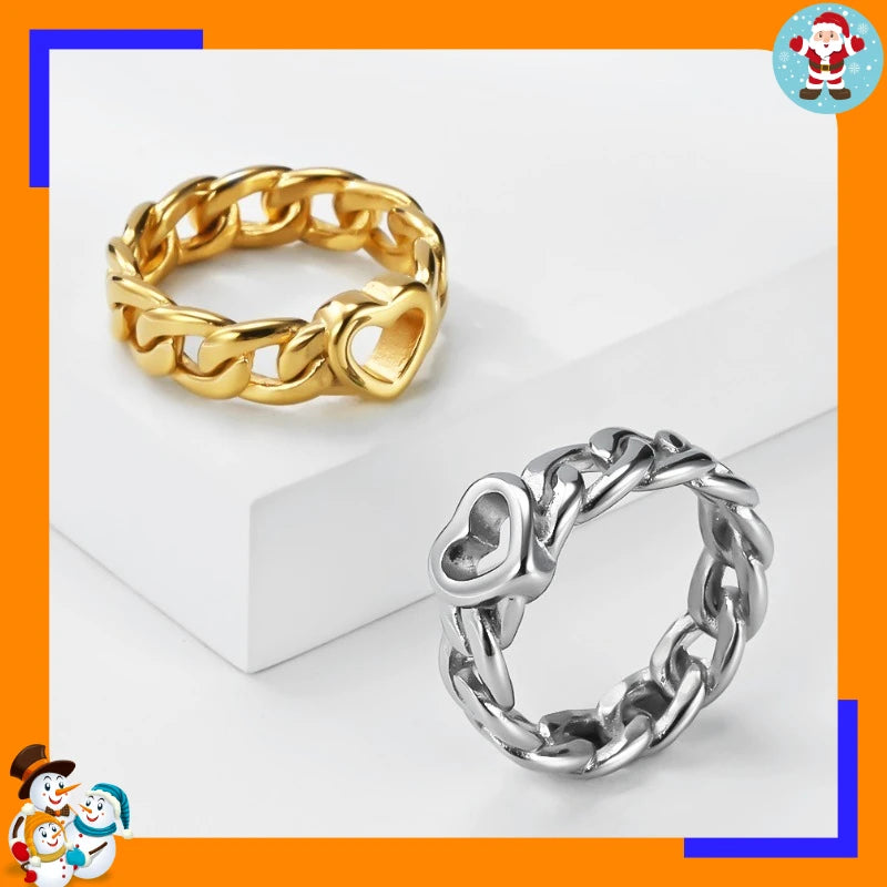 Trendy Cuban Chain Heart Ring Niche High-end Titanium Steel Gold-plated Fashion Commuter Ring