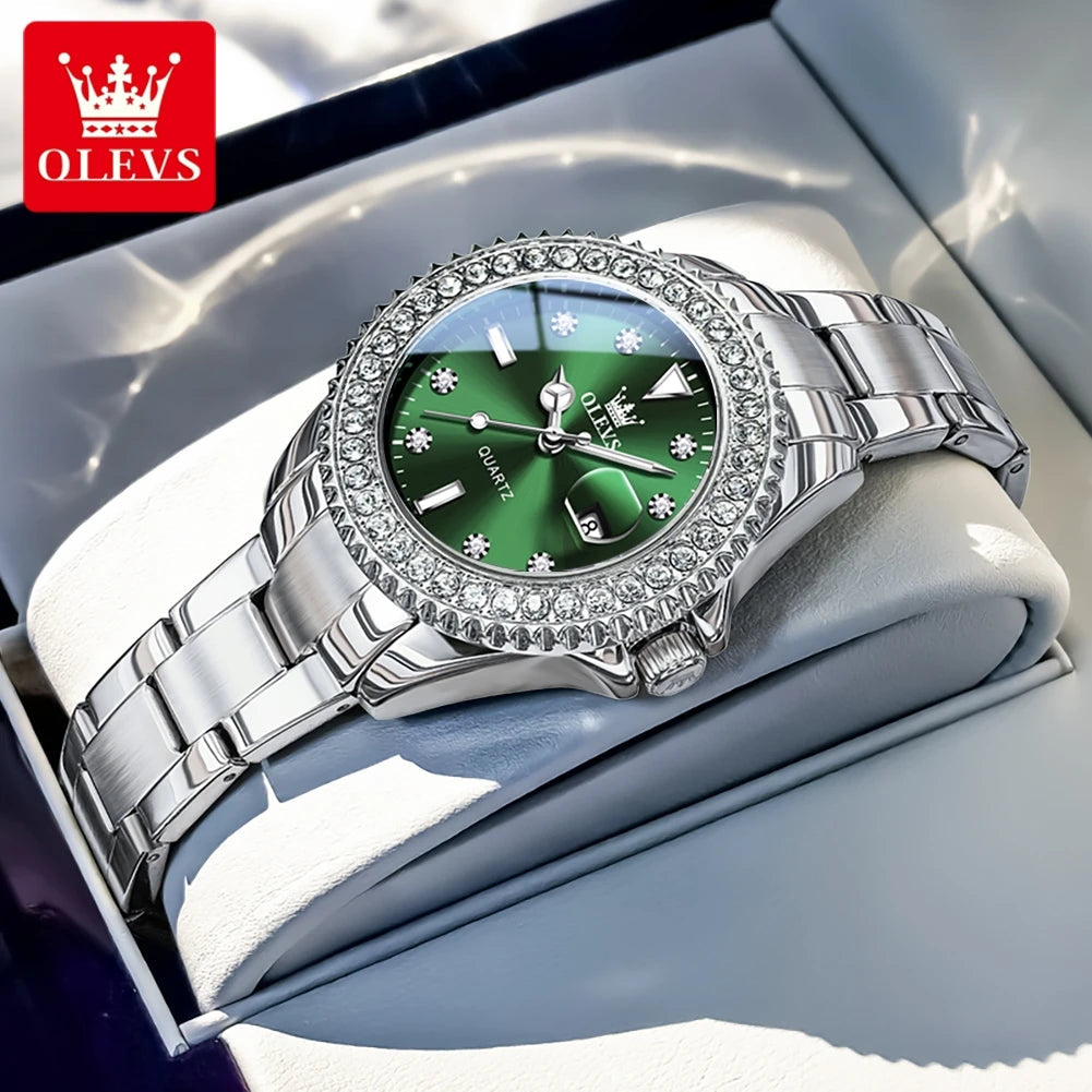 OLEVS 9945 Luxury Women Original Quartz Movement Watch Diamond Scale Stainless Steel Bracelet Luminous Function 30M Waterproof Watch mbzr
