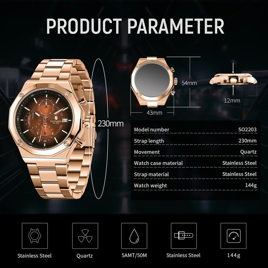 SAPHERO Men's Chronograph Quartz Watch 5ATM Waterproof Stainless Steel Business Wristwatch Perfect Gift for Father Husband mbzr