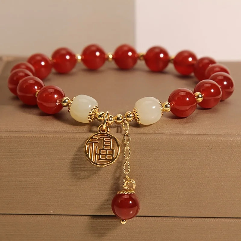 1 piece Chinese women's lucky bracelet - red lucky character auspicious beads, smooth spherical beads, elegant vintage jewelry gifts, auspicious for Mother's Day, birthday and daily wear