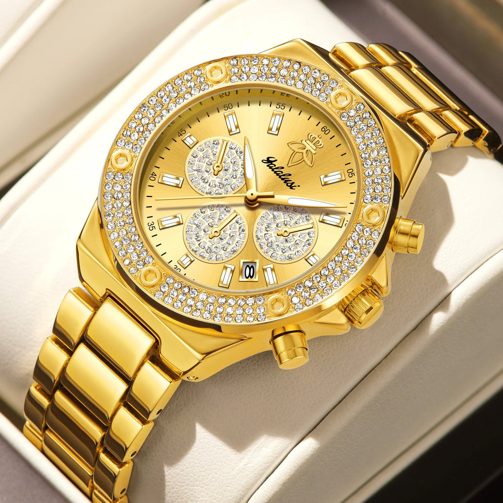 YaLaLuSi Luxury Quartz Watch Temperament Gold Rhinestone Dial Design with Watch Remover mbzr
