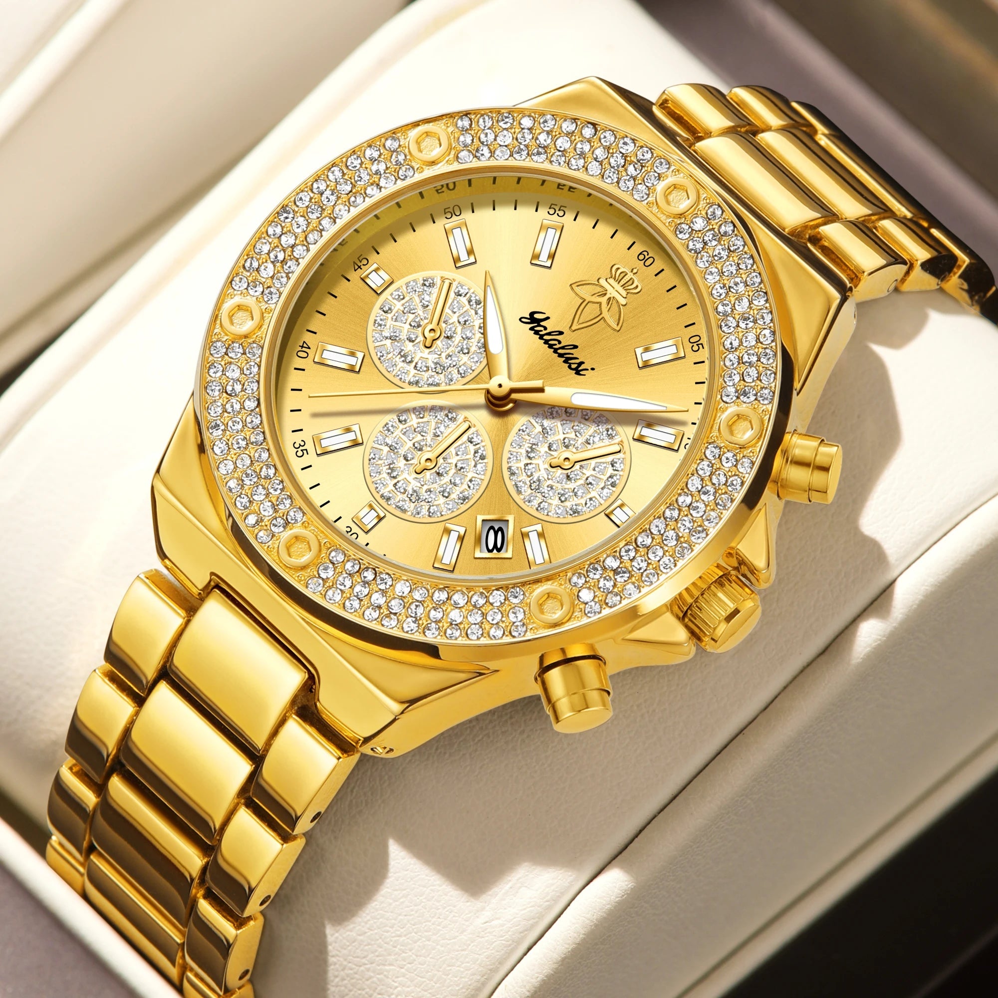 YaLaLuSi Luxury Quartz Watch Temperament Gold Rhinestone Dial Design with Watch Remover mbzr