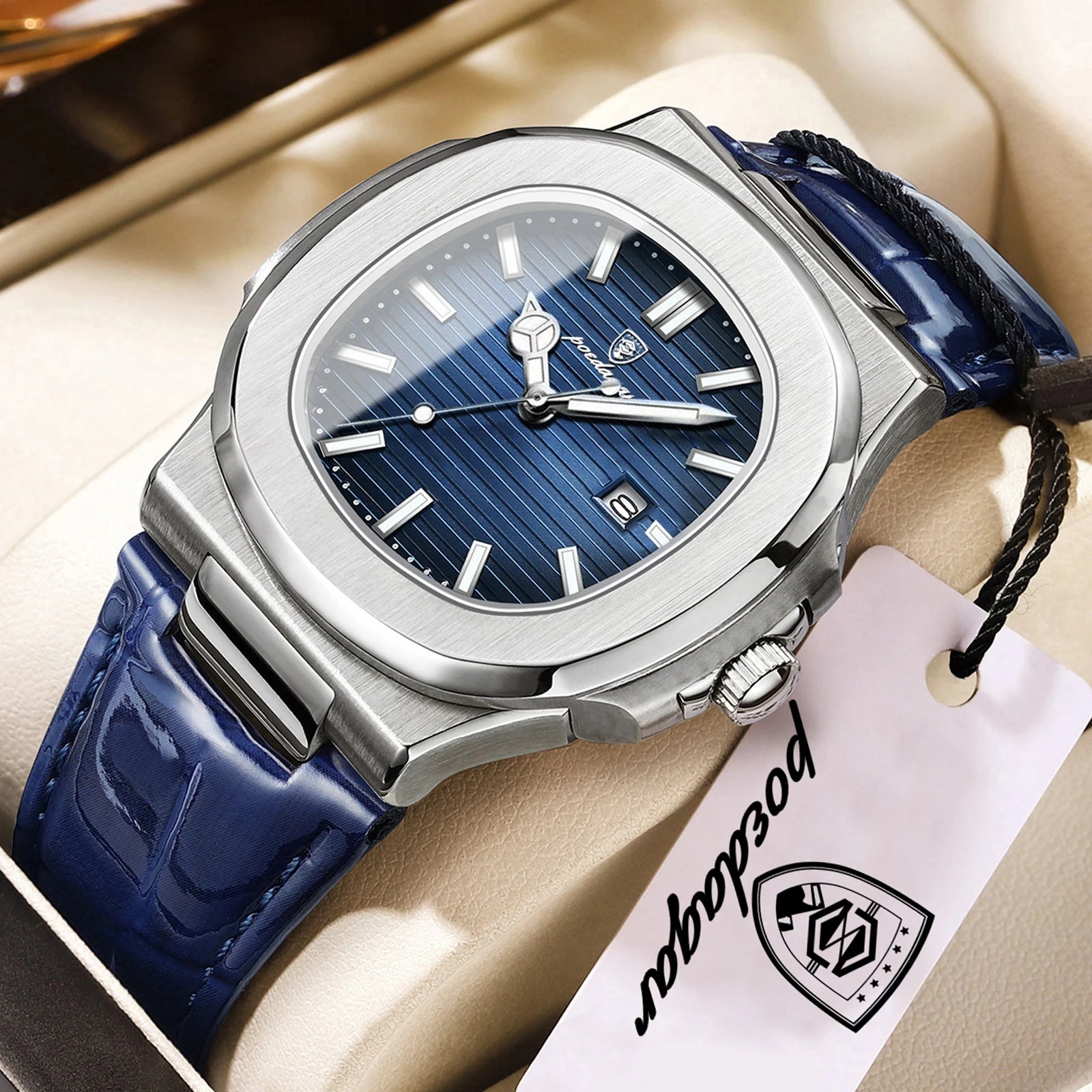 POEDAGAR Top Square Man Watch Date Waterproof Luminous Luxury Men Wristwatch High Quality Leather Men's Quartz Watches+Box Reloj mbzr