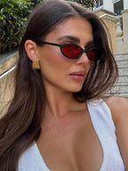 Pair Of Women's Retro Oval Fashion Glasses, Classic Glossy Black Frame With Bright Red Tinted Lens, Full Rim Minimalist Design With Smooth Temples, Sleek Statement Eyewear, Suitable For Daily Wear, Street Style, Travel, Parti mbzr