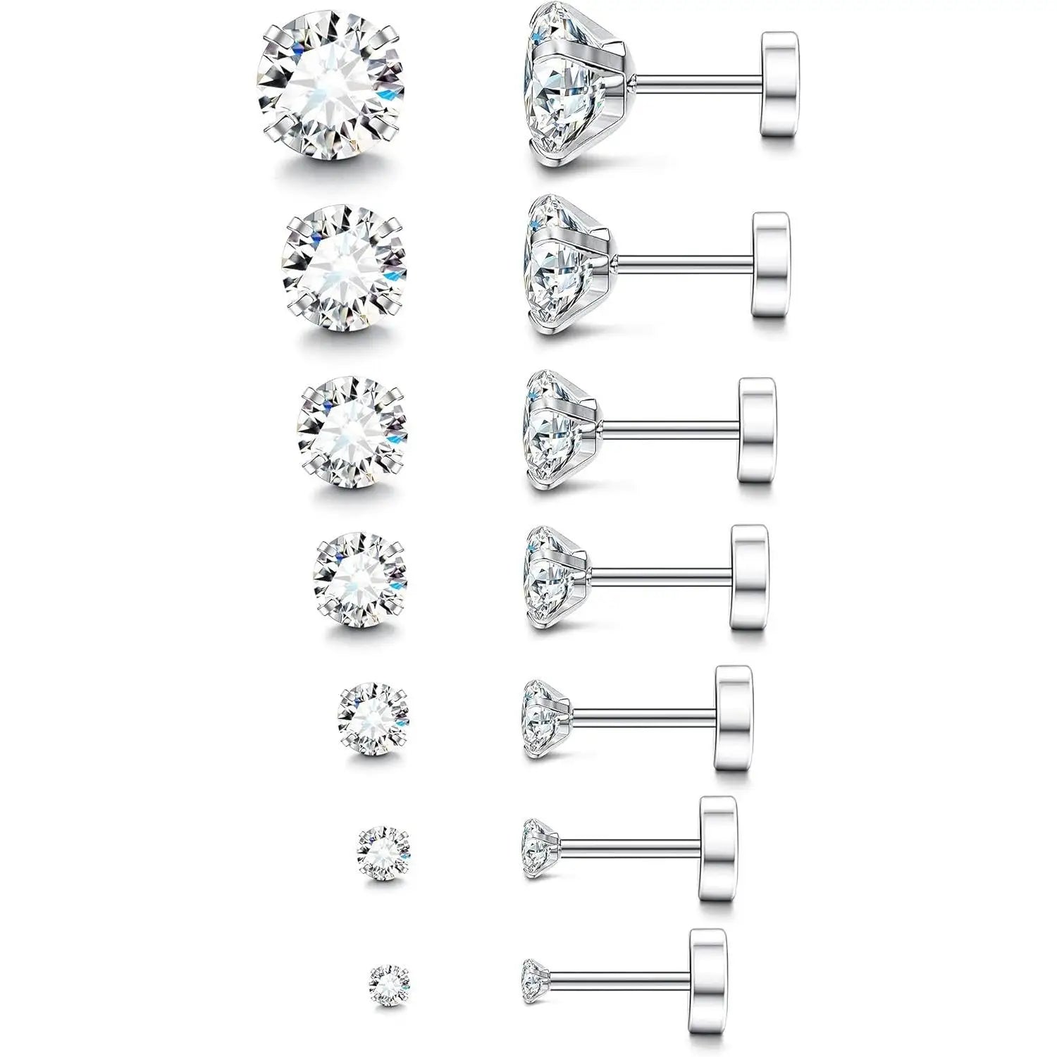 20G Hypoallergenic Flat Back Earrings for Women Men Silver Plated14K Gold-plated Stainless Steel Stud Earrings Brithstone Cubic Zirconia Studs Surgical Steel Cartilage Earrings for Sensitive Ears