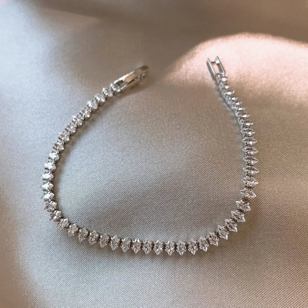 Stainless Steel Marquise Oval Square Cut Luxury Silver Color on Hand Tennis Bracelet Bangle for Women Party Gift Jewelry