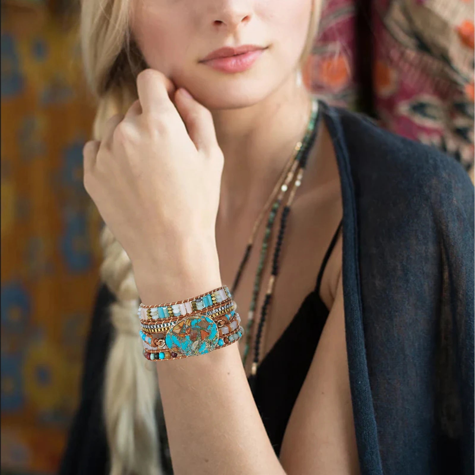 Boho Handmade Natural Stone Beaded Bracelets Turquoise Blue Jasper Hematite Crystal 5 Wraps mbzr