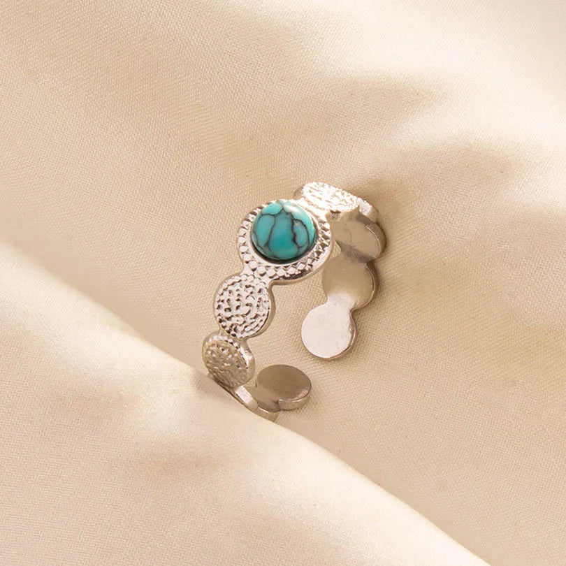 1pc Stainless Steel Boho Turquoise Open Finger Rings Trendy Adjustable Women Multi Layers Stackable