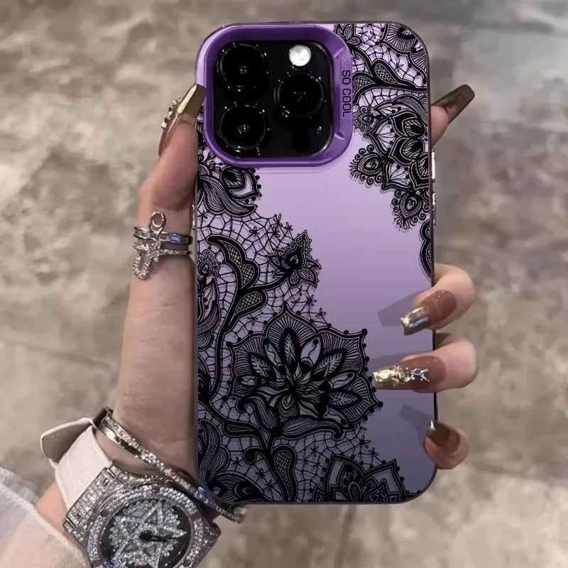 Black Lace Pattern INS Wind Phone Case for iPhone 17/16/15/14/13/12/11 Pro Max Plus Fashion Hard Case