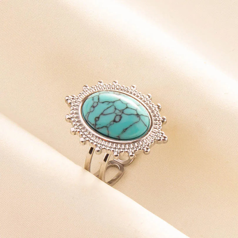 1pc Stainless Steel Boho Turquoise Open Finger Rings Trendy Adjustable Women Multi Layers Stackable